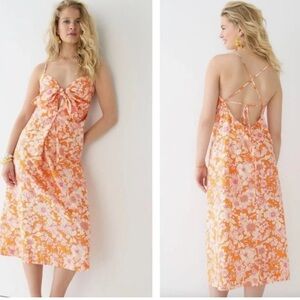 J Crew NWT Tie Front Cotton Poplin Midi Dress Orange Floral Women’s Sz XS Party